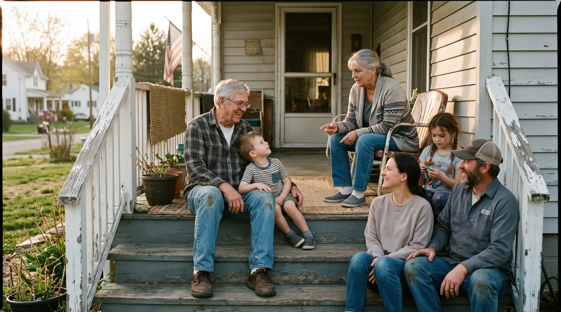 Three generations of a family sitting together on a porch in the late afternoon.