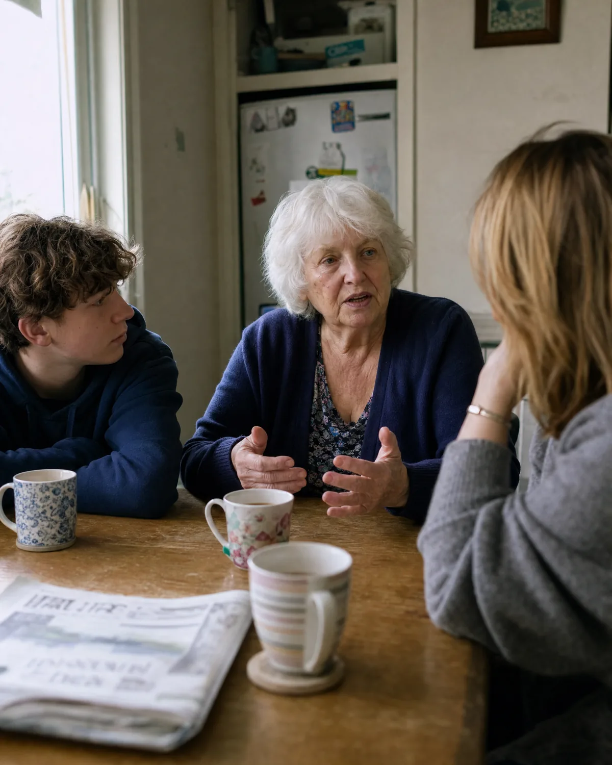 A grandmother talking with her daughter and teenage grandson at her kitchen table.