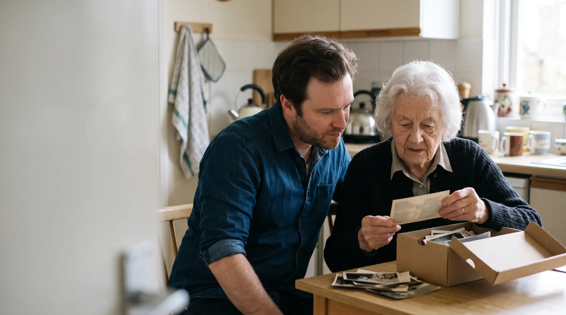 An elderly woman and her adult son looking through a box of old family photographs at her kitchen table.